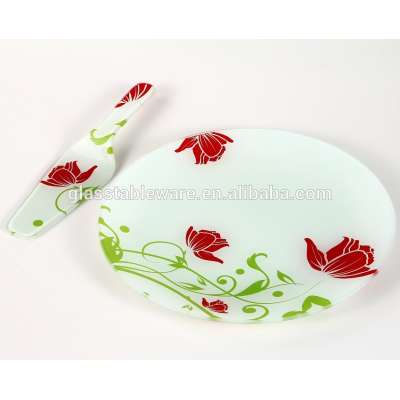 glass cake plate and shovel set